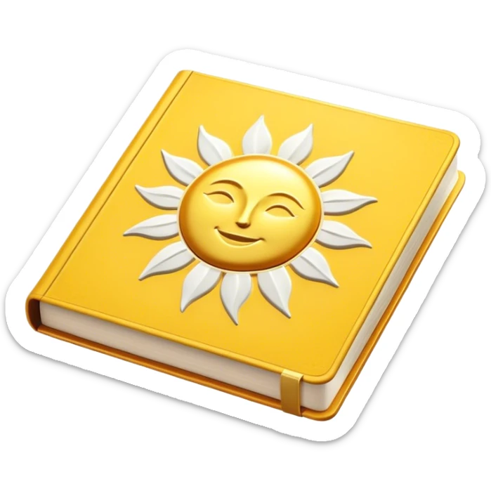 A golden yellow book with white accents, smooth and polished, embossed with a symbol of six pillars, a sun, or a glowing mirror, radiating strength, confidence, and the power of self-worth.  sticker