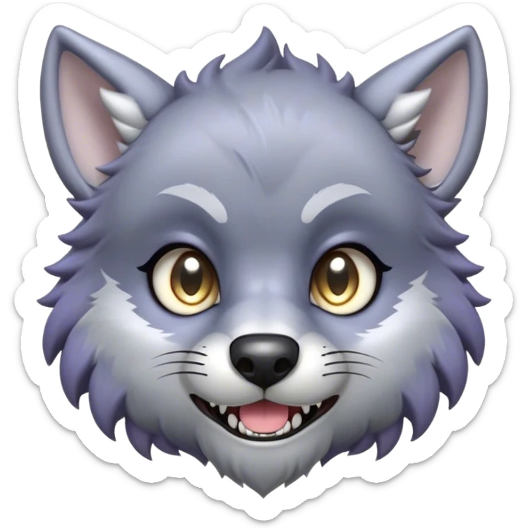Cinematic Cute Werewolf Portrait Emoji, with a cuddly, miniature lupine form in soft moonlit grays and silvers, featuring oversized sparkling eyes and a sweet, endearing snarl, simplified yet irresistibly adorable, highly detailed with a gentle glowing outline that captures the playful, heartwarming essence of a little werewolf! sticker