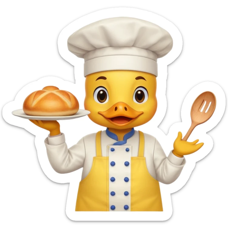 A duck in chef hat presenting a plate of fancy cuisine proudly wearing yellow apron sticker