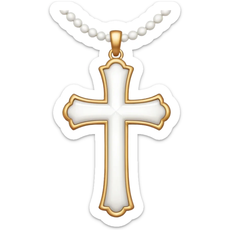 Elegant emoji icon of a white cross made of white beads, glossy surface, and white bead chain subtle shadows, pure white palette sticker