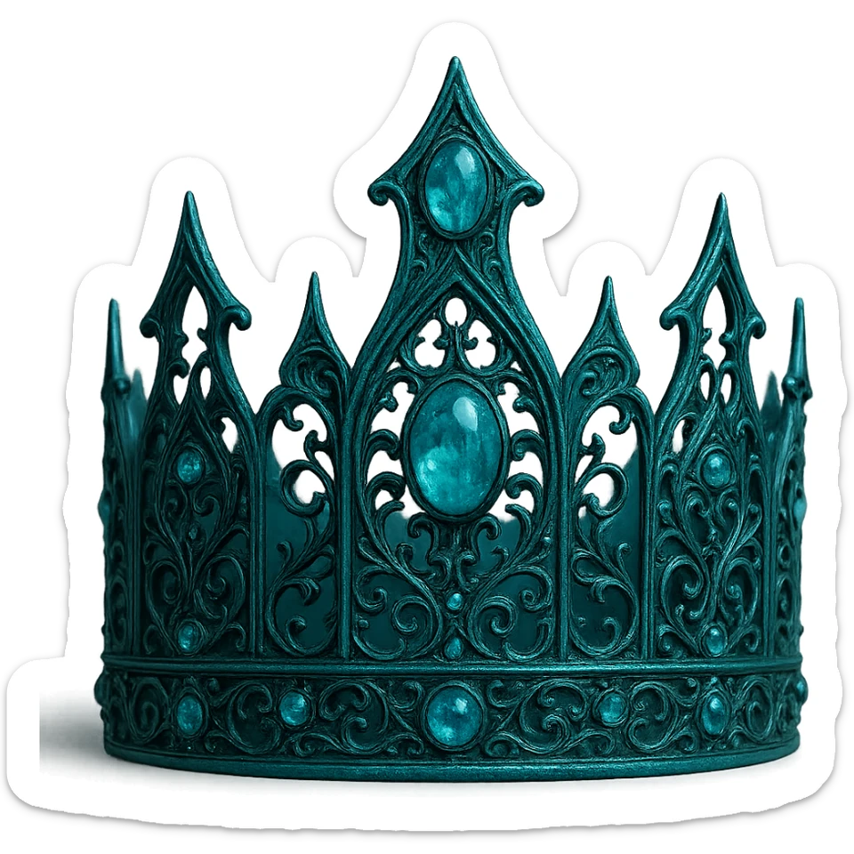 gothic crown in teal with silver filigree and aquamarine stones, oceanic and mysterious sticker