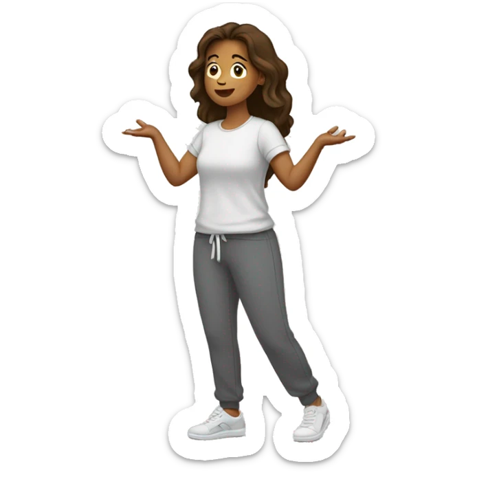  Side profile of A woman in sweatpants and a t shirt standing up, full body view she is holding her arms out as if se is handing someone something, brown hair side profile, lookin from the Left side comepletly sticker