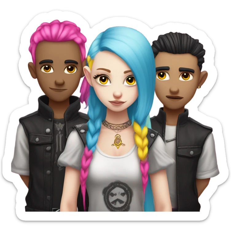 Blue eyed long eye lashes pout blonde and pink hair pale hime gyaru girl, hot pink and yellow split-dyed hair, nose ring, elf ears, dark makeup, punk clothes standing next to three diffrent men praying  sticker