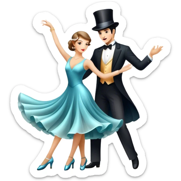 Icon for Ballroom Dancing: a pair of elegant dance shoes, a flowing dress, a top hat, and a dance floor spotlight. The icon should represent the elegance and atmosphere of ballroom dance, focusing on the iconic dance elements. Transparent background. sticker