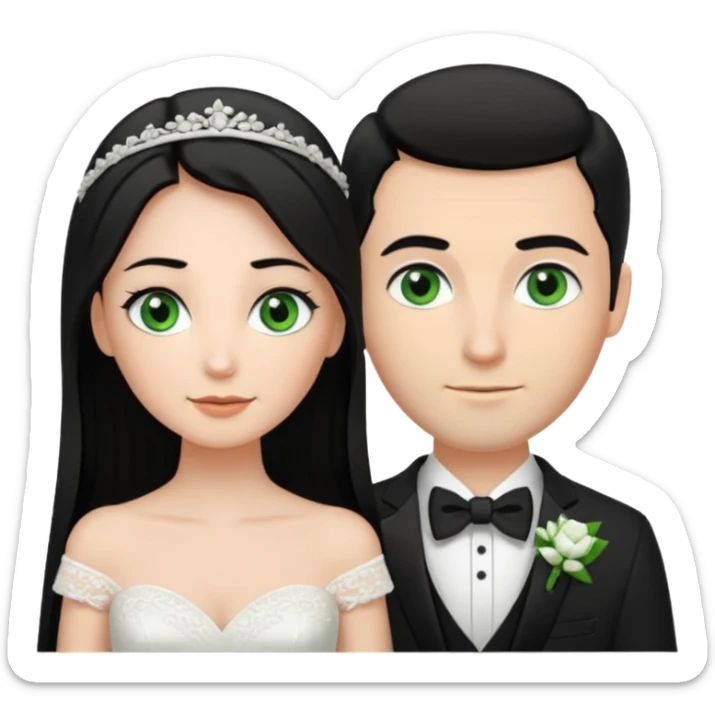 Bride has Black hair black eyes with brown hair. Groom has green eyes and brown hair!!! tall groom with white wedding bands sticker