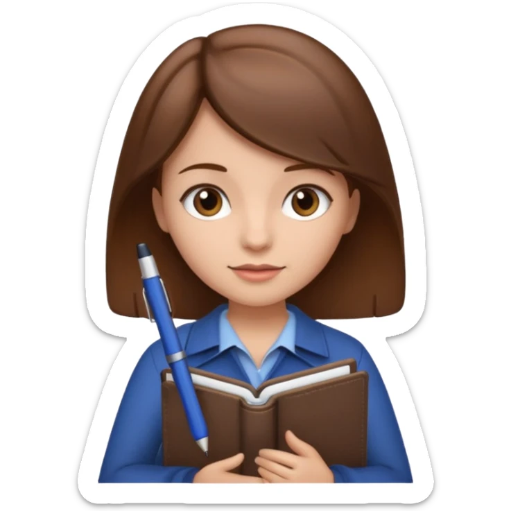 girl with brown hair holding a notebook and a notebook, marketing theme, iOS 18 emoji style sticker