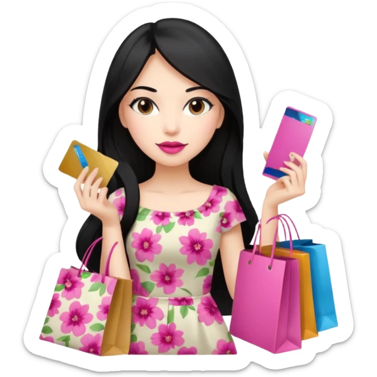 Girl with long black hair and pink lipstick, brown eyes holding shopping bags and credit card sticker