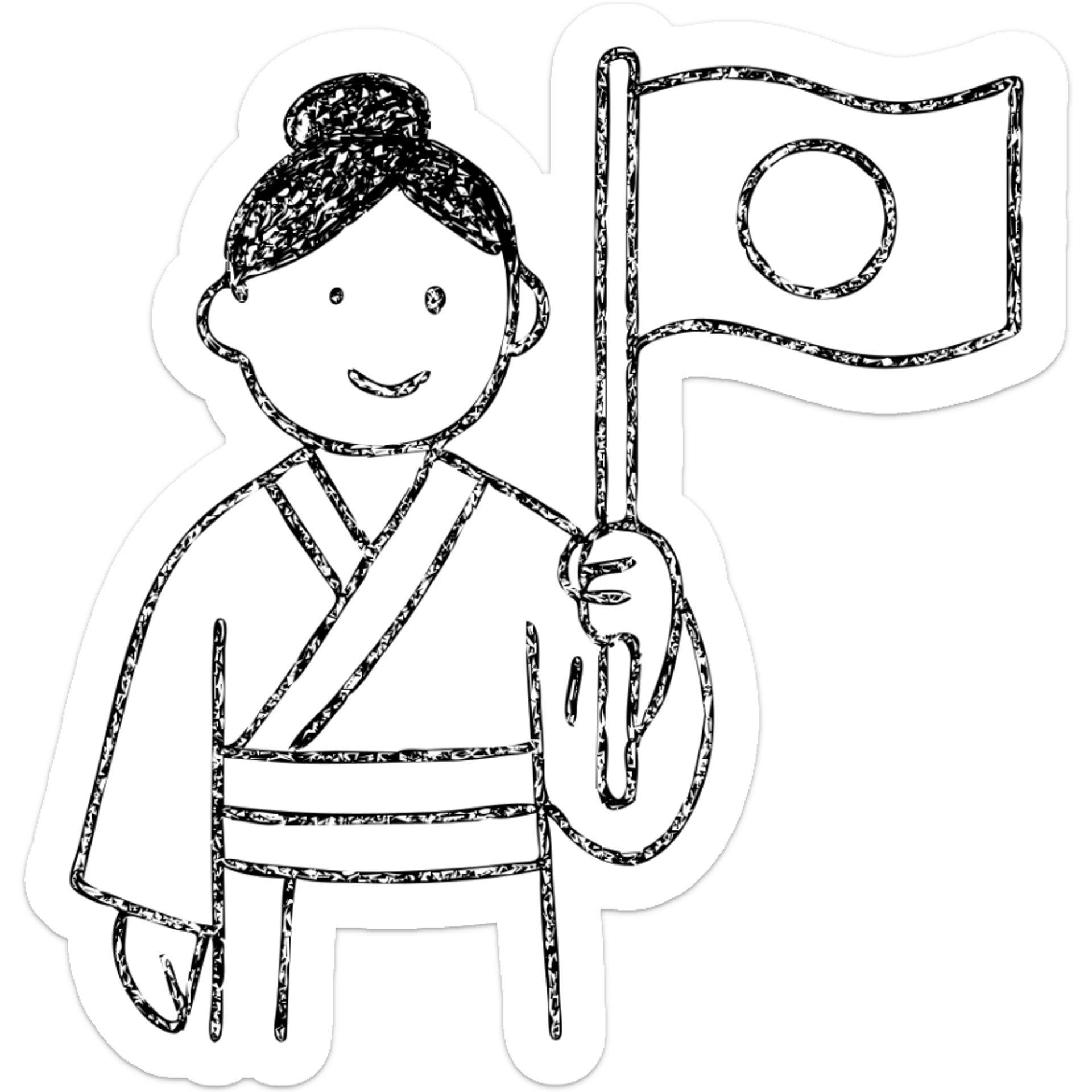 person in a traditional kimono holding the Japanese flag, hand drawn outlined icon sticker