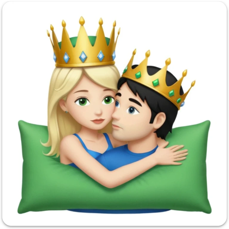 Blonde Queen with crown, Green eyes, naked, kissing man, naked, no crown, black hair, blue eyes, whole Body, Background Green pillow  sticker