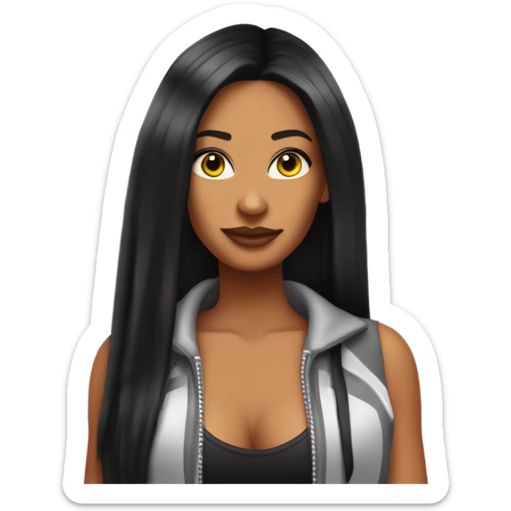 Tanned woman with long black hair dressed in Y2K hip hop hair, makeup, and neon attire sticker