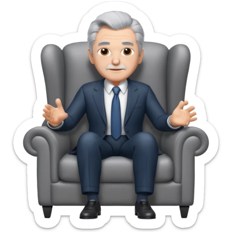 elderly businessman sitting in an armchair, wearing a formal suit and tie, gray hair, confident wise expression, corporate boss vibe, 3D cartoon style, mobile game icon style, clean background, no text, no watermark
 sticker