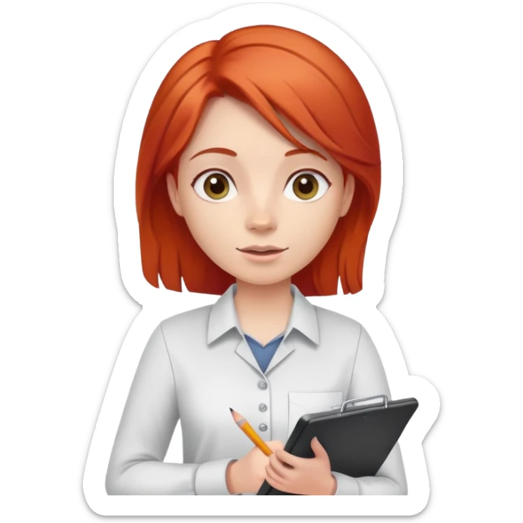 Intern or volunteer with red hair holding a clipboard and pencil, ready to take notes or assist. The character wears a simple shirt and has an eager posture sticker