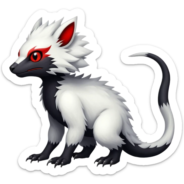 a white exotic edgy vernid-fionbr-Fakémon-creature, with black belly and red eyes, full body sticker