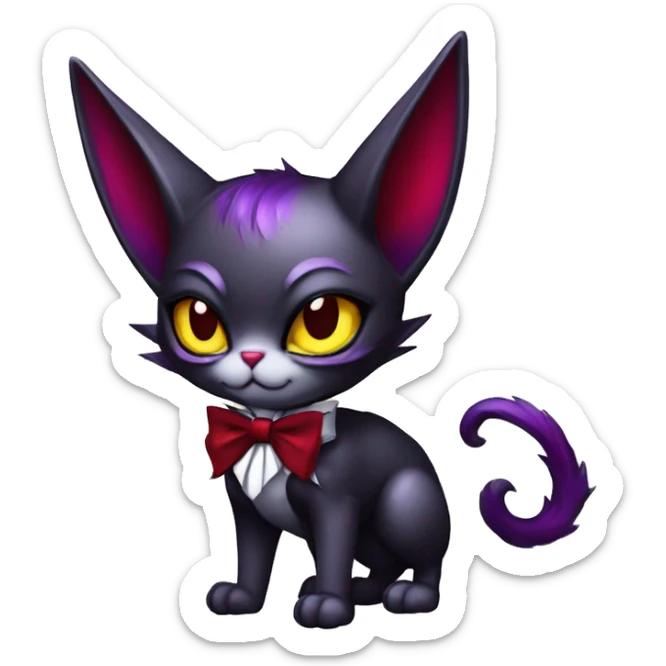 Cute-Evil-Vampiric-Batty-Cat-Black-Purple-Red-Yellow-Contrast-Colors-Fantasy-Fur-Sona-Chibi-Shiny-Fakémon-Hybrid with horns and big fangs neck bow white tie leg spats full body sticker