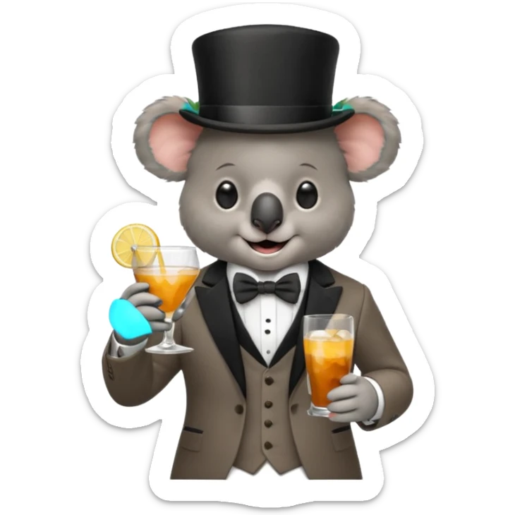 koala wearing suit, bowtie and top hat, holding glass of drink sticker