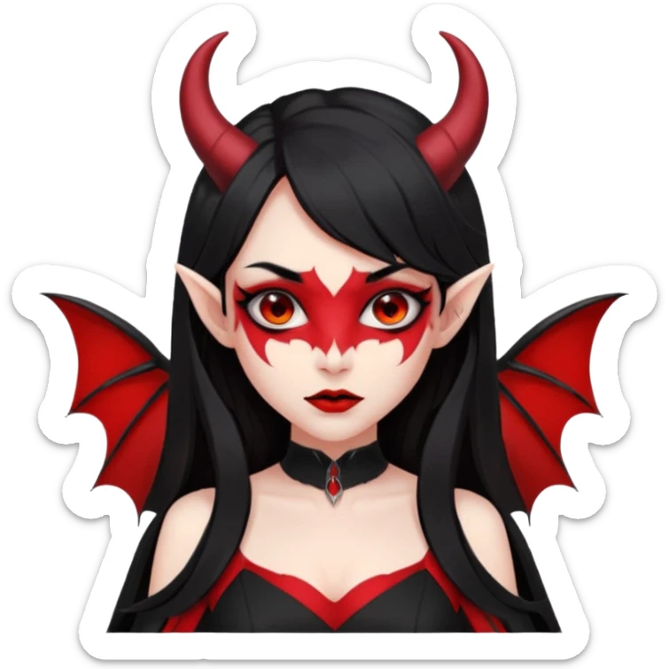 demon girl, skin red , black long hair, small horns, bat wing, black open-back dress, bold black outlines, red+black palette sticker