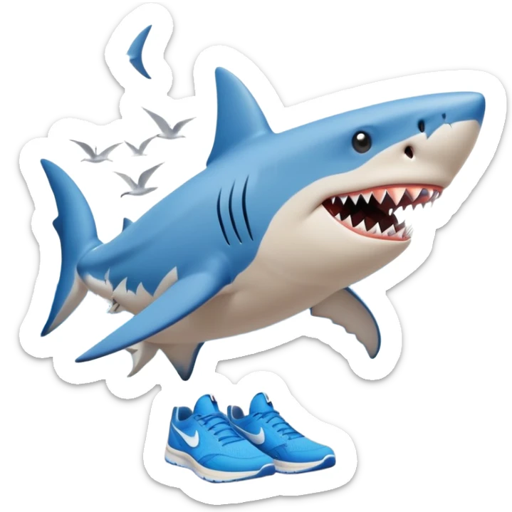 A surreal and humorous scene of a shark standing on a beach with human-like legs, wearing bright blue Nike sneakers. The shark looks slightly cartoonish, with a content expression. Behind it, ocean waves crash under a clear blue sky with a few birds flying overhead. The lighting is soft and sunny, creating a whimsical and absurd vibe. sticker