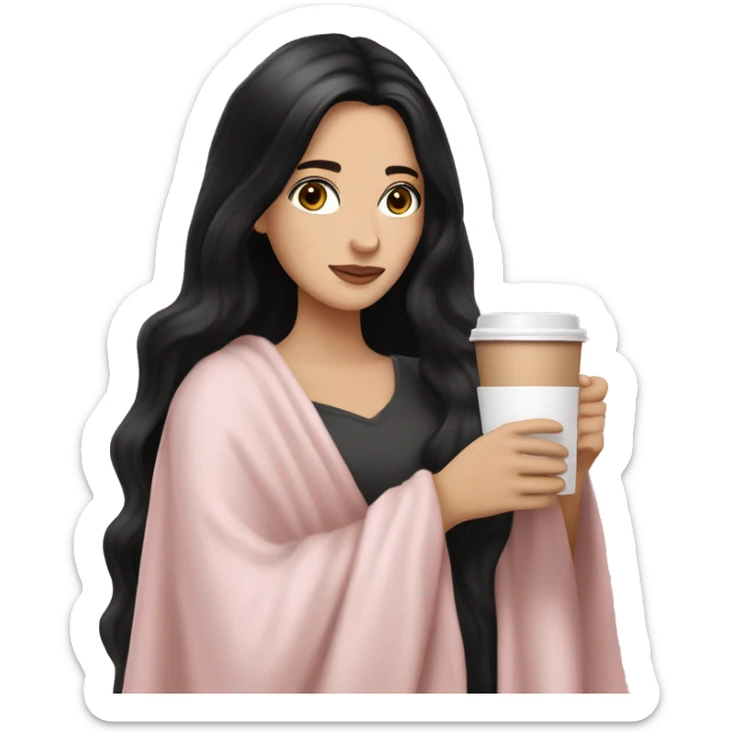 A pretty white girl with very long black hair and brown eyes in a light pink blanket sipping coffee sticker
