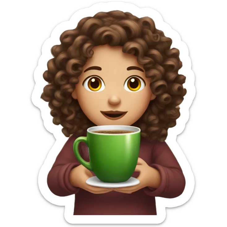 Curly brown hair girl in Christmas mood with cup of coffee in her hands sticker