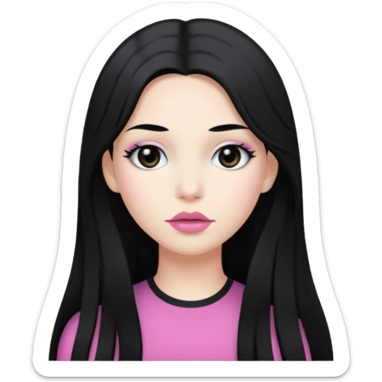 long hair black normal hair with black eyes, and white skin, white pinkish lip  sticker
