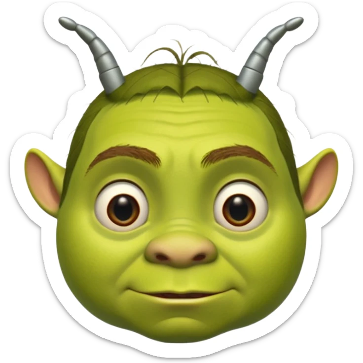 Shrek avec deux petites antennes-oreilles cylindriques plantées de chaque côté de la tête : elles sont courtes, épaisses, avec une ouverture ronde à l’extrémité.
 sticker