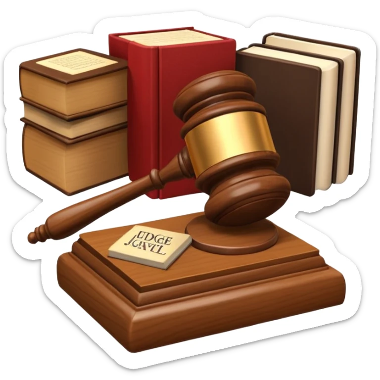 A 3D cartoon judge’s gavel resting on a block beside law books, warm wooden background, realistic Memoji-style rendering. sticker
