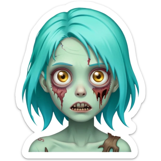 female zombie with bright turquoise hair, rotting skin, sunken eyes, cute but scary sticker
