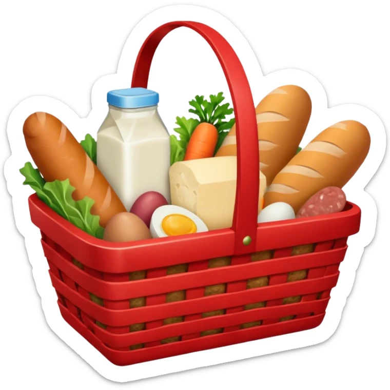 red basket with groceries: milk, bread, sausage, eggs, potatoes, carrots, onions, cabbage sticker