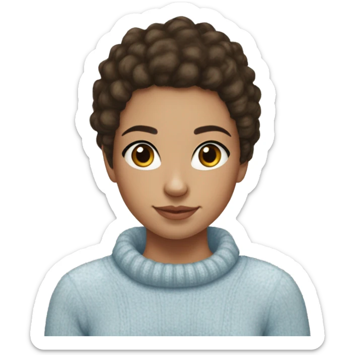 teenage girl, hispanic, freckles, afro brown hair, pony tail, short hair, brown eyes, light blue sweater, winter sweater, freckles sticker