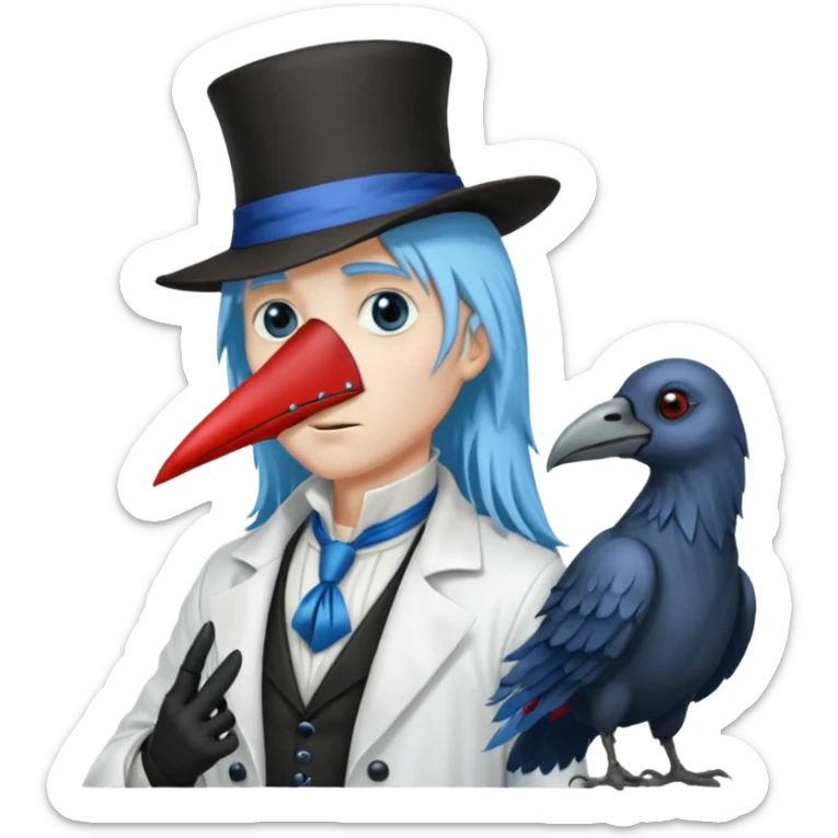 Plague Doctor with light-blue beautiful hair, handsome sexy, long hair tendril bangs down on the sides, white lab coat, blue cravat, black feathers on shoulder, raven companion, black gloves, red eyes sticker