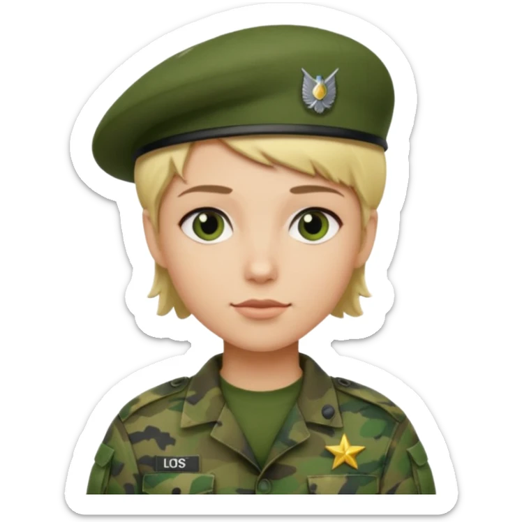 a soldier with short blonde hair in camo man in a beret  sticker