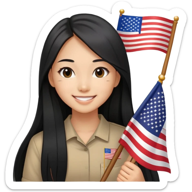 Girl smiling with black and long hair, straight hair, Asian eyes holding the American flag  sticker