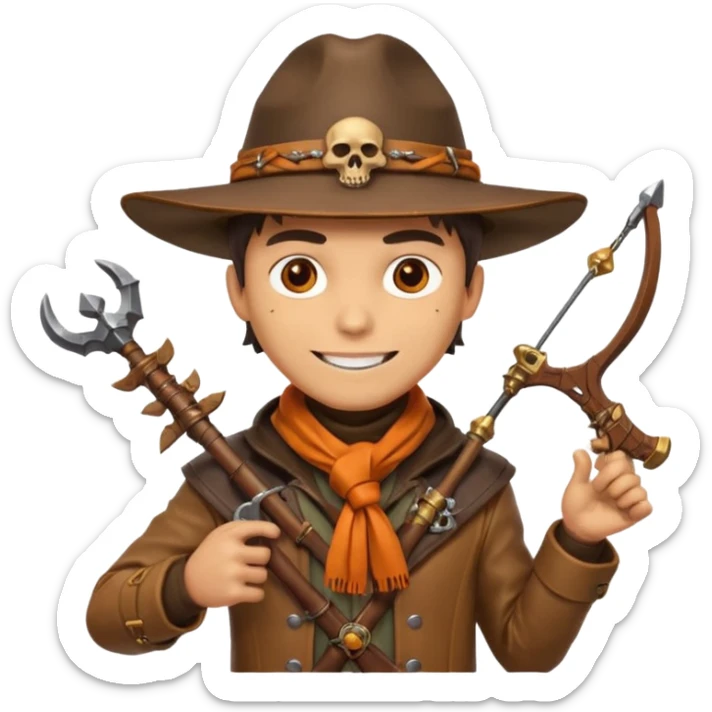 male human monster hunter emoji, wearing brown leather coat and wide hat, holding crossbow, with amulet shaped like skull, Halloween fantasy theme, confident smile, orange scarf, Apple emoji style, clean white background, square image sticker