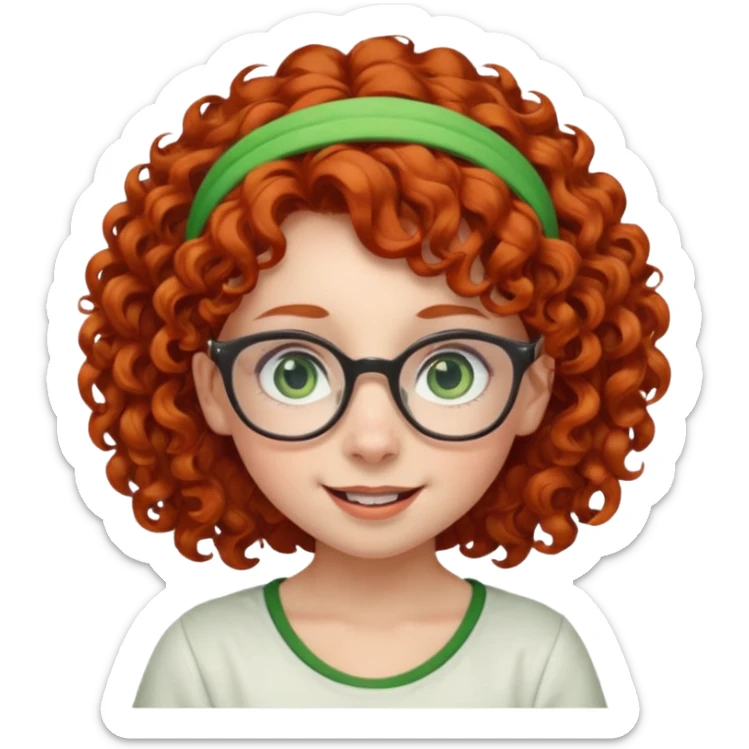 redhead kid with unique face features and very curly hair kid girl happy and big glassess and big nose and very green eyes and headband sticker