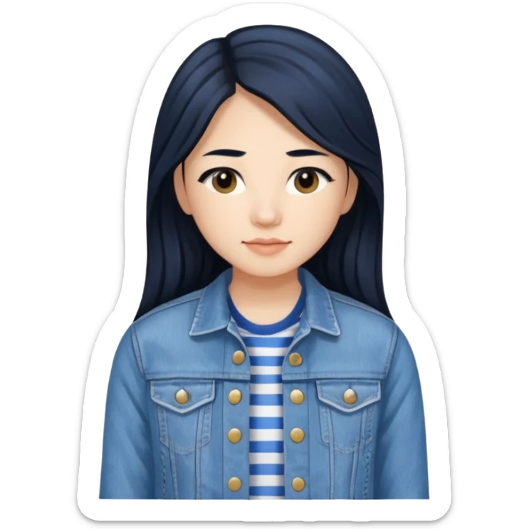Teresa Li in black long hair, wearing blue and white striped shirt and denim jacket  sticker