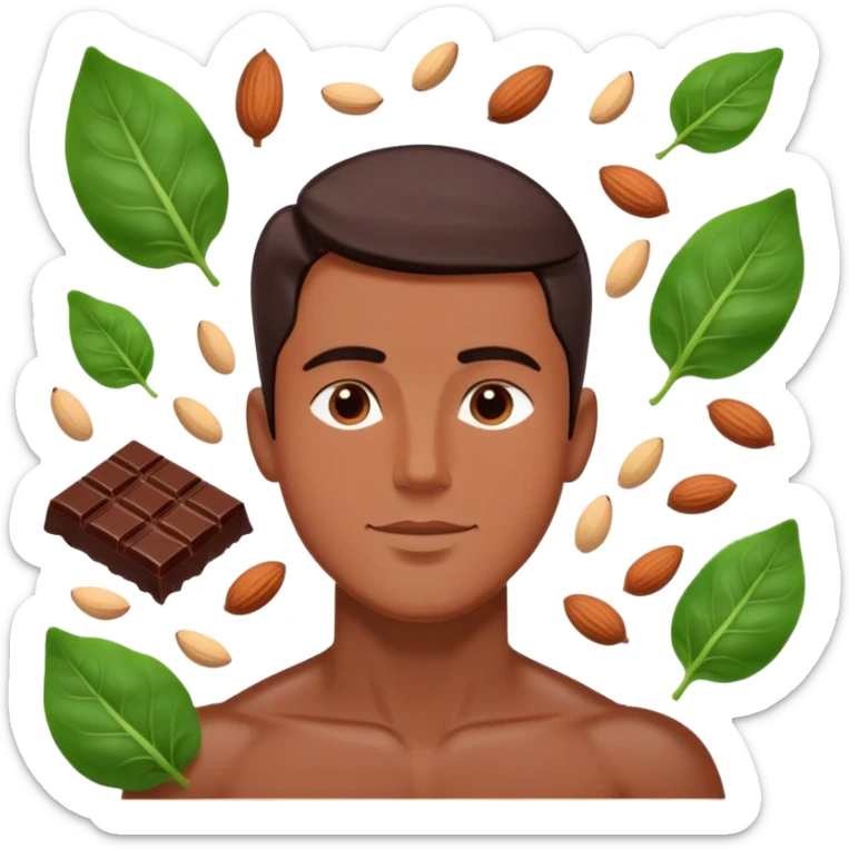 Relaxed male figure surrounded by floating foods: large pieces of shiny dark chocolate prominently displayed, with spinach leaves, almonds, and seeds. Soft light connecting these magnesium-rich foods to muscles and nervous system, showing a soothing effect on the man's body. sticker