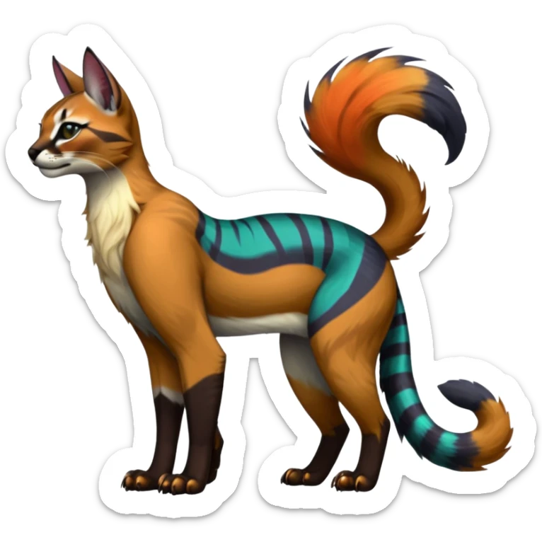 Colorful dark tropical tribal glorious divine exotic cute cool beautiful beautiful fantasy-caracal-civet-genet-sergal-vernid-Gryphon-Cacomistle-Trico-oncilla-animal-Fakémon-hybrid-fursona (full body) sticker