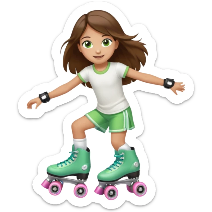 an 8 year old girl with green eyes and long brown hair. smiling. skating on quad style roller skates with white boot. sticker