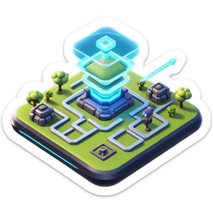 Clash of Clans aesthetic: Cinematic Playful 3D Isometric Holographic Map Emoji, rendered in a 3D vector-style similar to standard emojis with minimal shading and bold, simplified shapes. A compact, distinct form with signature details, softly glowing with a futuristic sci-fi warfare charm. Simplified yet unmistakably iconic, highly detailed and consistent, glowing with a soft radiance and high shine. Stylized with a touch of high-tech brilliance and a soft glowing outline, capturing the essence of a beloved gaming relic with a friendly, playful manner! sticker