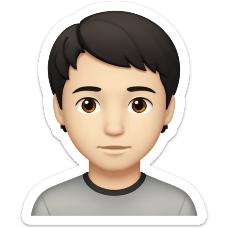 A young man with light skin tone, short wavy black hair parted to the side, large brown eyes, and a neutral expression with a small closed-mouth smile. sticker
