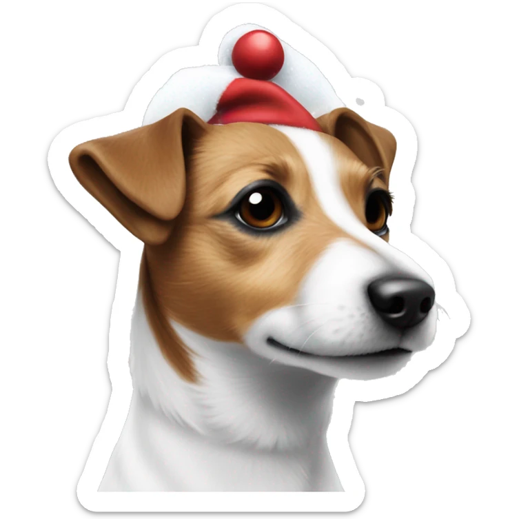 Jack Russel with white fur and brown spots with Christmas hat in the snow sticker