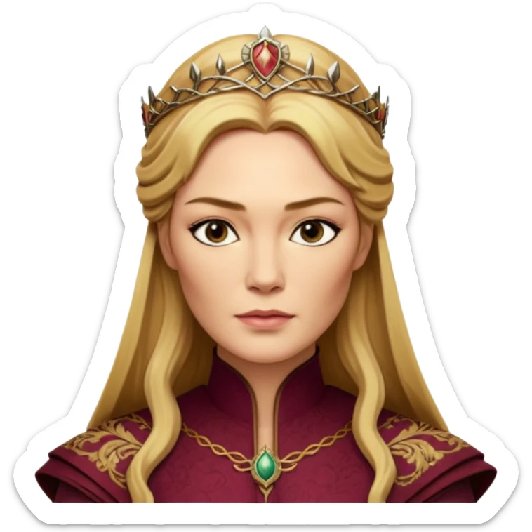 Cinematic Realistic Cersei Lannister Portrait, depicted with lifelike skin texture, subtle rosy undertones, and soft natural lighting that enhances the gentle contours of her face. Her intricately detailed golden blonde hair is elegantly styled , sticker