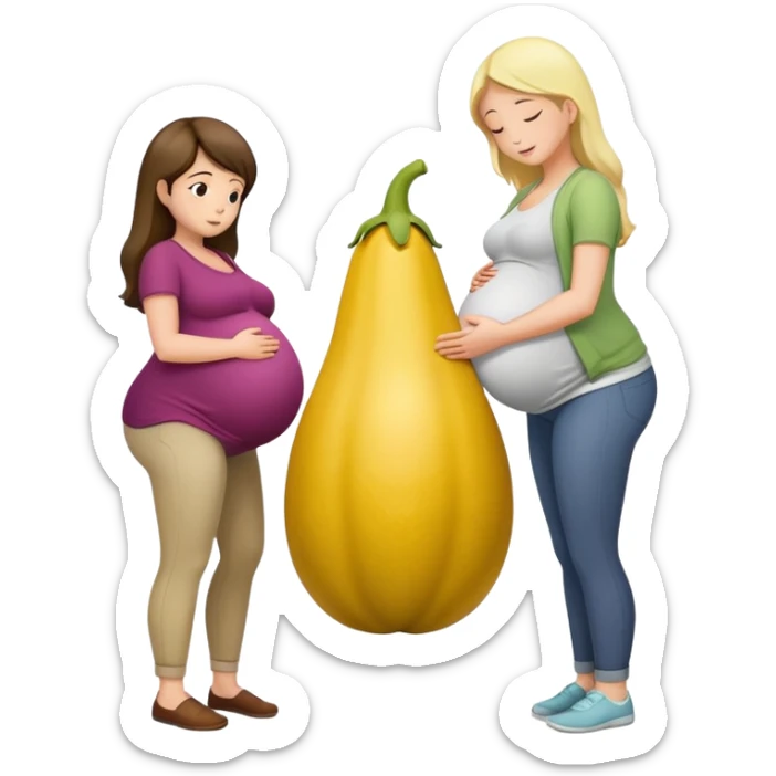 yellow eggplant on top of a pregnant person, with a bowing person turned to the side sticker