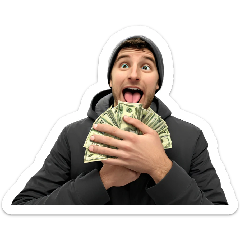 boy with money and tongue sticker