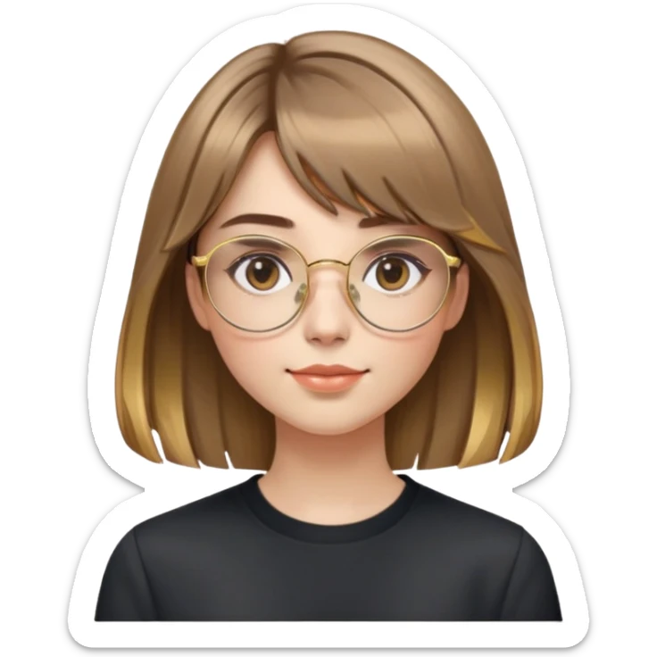 young adult woman with fair skin, round face with soft cheeks, light brown hair with golden highlights, voluminous and straight with slight waves, long bangs over eyebrows, large octagonal gold metal frame glasses, dark casual shirt, friendly and creative expression sticker