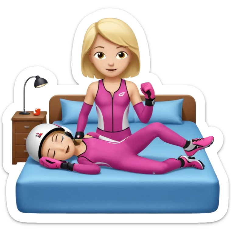 ten-year-old girl in a racing suit, racing shoes and racing gloves with no helmet, unzipped, revealing a sports bra, sleeping on a bed happily, flat-chested and prepubescent sticker