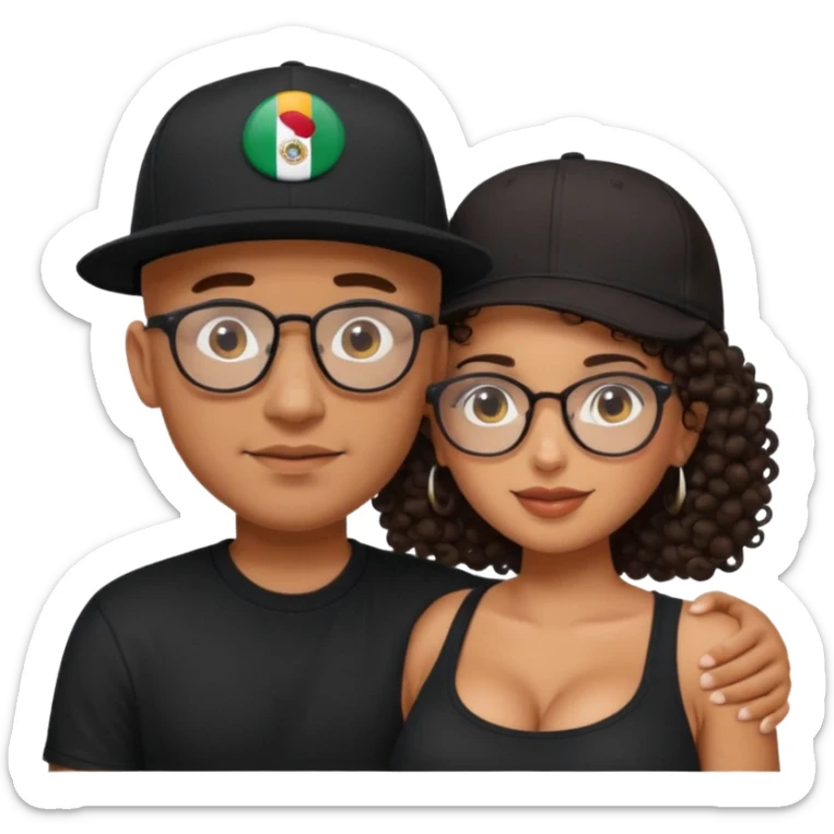 A picture of an embracing tanned couple. the man is a Mexican man with tanned skin, with a bald hair cut wearing a SnapBack hat and a black shirt. the woman is mixed, she has curly longer dark brown hair, thicker and with big boobs and she has glasses sticker
