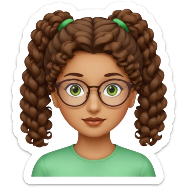 iranian woman, tight curly light brown hair in pony tail, glasses, green eyes, pretty, oval shape face sticker