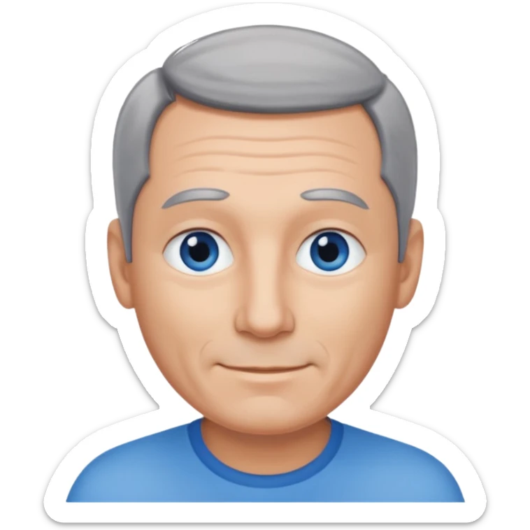 Middle aged man with receding grey and black hair and no beard, blue eyes, shy smile, tanned skin sticker