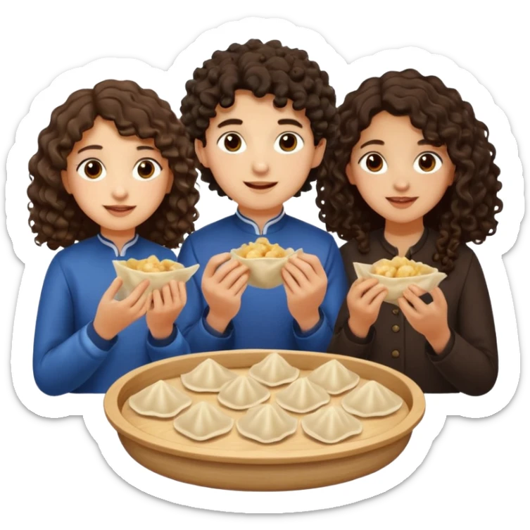 Can you create an emoji of three 23 year olds eating dumplings. One boy with wavy curly hair and one Jewish girl with long dark brown curly hair and one half Indian / half white girl with mid length dark brown hair. All brown eyes sticker